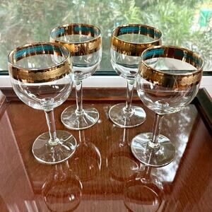 Culver Gold Rimmed Wine Glasses Set of 4 Turquoise Band Goblets 5.75